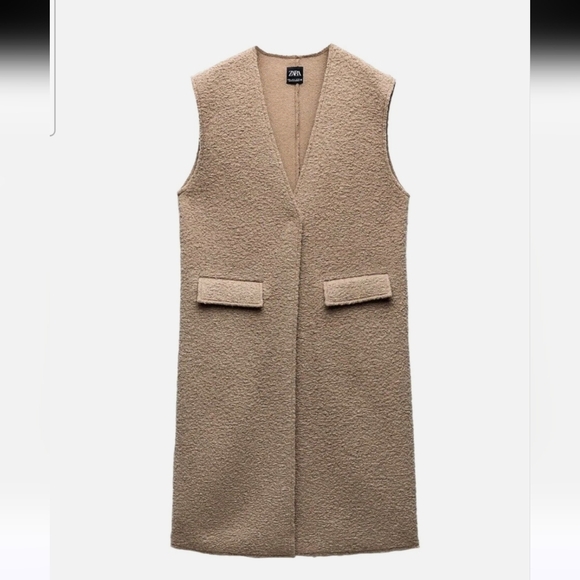 ZARA Bouclé Long Vest Sweater Jacket Taupe Mink Brown.Small.NWT - Picture 4 of 16
